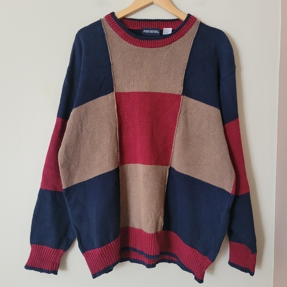 Vintage 90s Colorblock Patchwork Sweater Grandpa Men's XL - Red, Blue, and Tan